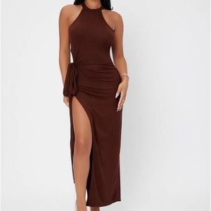 Solid Halter Neck Drawstring Split Thigh Belted Dress